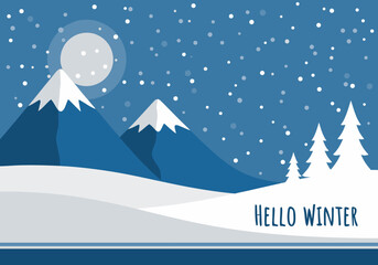 Fototapeta premium Serene winter night landscape vector art featuring snow-capped mountains, evergreen trees, and falling snow under a bright full moon