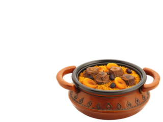 Lamb Tagine Tender lamb slow-cooked with dried apricots, raisins, and a blend of spices like cinnamon, cumin, and ginger