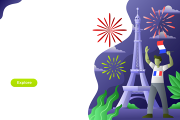 Eiffel Tower Celebration with Fireworks and Figure Holding French Flag on Transparent Background
