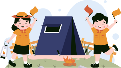 Enthusiastic Children Camping with Tent on Transparent Background Featuring Orange Uniforms Flags and Campfire in a Playful Cartoon Style