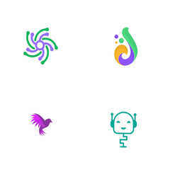 Obraz premium Collection of four distinct abstract graphic design elements including a circular arrow pattern a colorful fluid shape a purple bird and a robot head isolated on transparent background