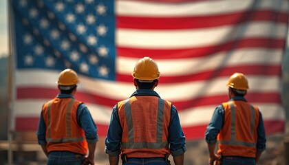 Three construction workers in hard hats and vests stand before large American flag. They represent American labor and national pride in building country future. They observe flag majestic presence.