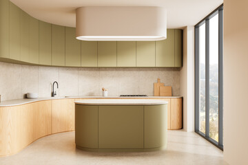 Modern minimalist kitchen interior design with olive green cabinets, wood finishes, and large windows offering natural light and scenic views. 3D Rendering