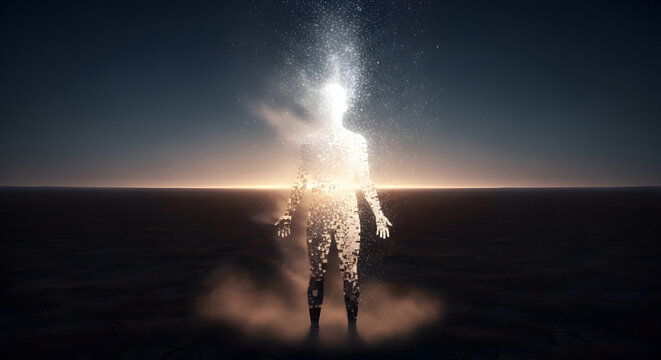 Human form dissolving into light particles against a dark horizon