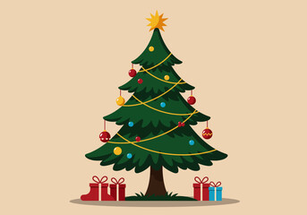 Fototapeta premium Decorated Christmas Tree with Star Topper and Gift Boxes Illustration.
