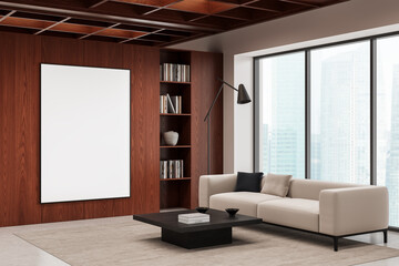 Modern interior room with large poster mockup on wooden wall, beige sofa, dark coffee table, and panoramic city view through tall windows. 3D Rendering