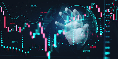 Human hand interacting with glowing financial market charts and graphs on a digital interface background in a futuristic fintech concept scene.