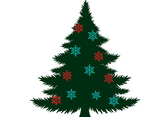 Fototapeta premium Decorated Christmas Tree Silhouette with Red and Blue Snowflakes.