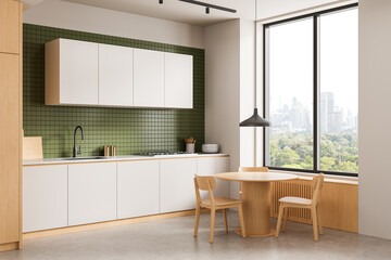 Minimalist kitchen interior with green tile backsplash, wood cabinets, round dining table and city view through large window in modern apartment. 3D Rendering