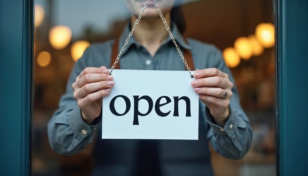 Store owner turns open sign in business. Person holds opening signage at entrance door. Morning hours retail business begins. Shop owner advertises opening hours in community neighborhood. Welcome
