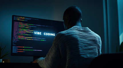 Young Black Man Programming on Computer Screen in Dark Room &mdash; Vibe Coding