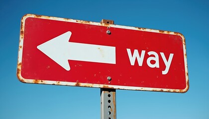 Red directional signpost points left showing the word way. The weathered sign hangs against a clear blue sky. This offers a clear visual metaphor for making a choice or taking a direction.