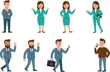 Business people cartoon, professional character set, office attire illustration, diverse poses, corporate team vector, flat design, cad drawing flat vector illustration