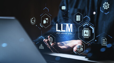 Futuristic interface showing LLM concept with AI and tech icons floating over hands in dark digital environment.