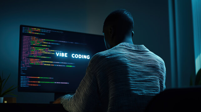 Young Black Man Programming on Computer Screen in Dark Room — Vibe Coding - Powered by Adobe