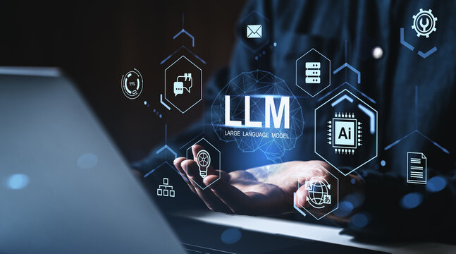 Futuristic interface showing LLM concept with AI and tech icons floating over hands in dark digital environment.