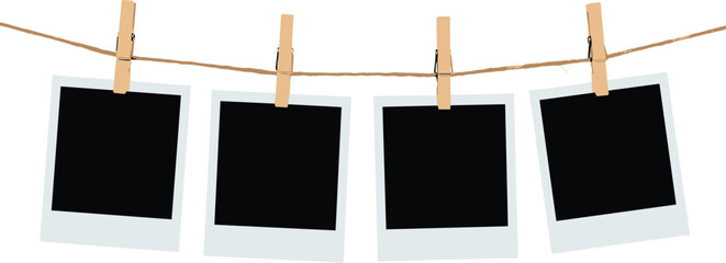 Blank polaroid photo frames hanging on string, clothespin display, white background, nostalgic memory concept, minimalist wall decor, creative photography layout