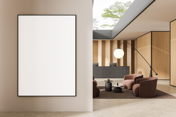 Modern interior mockup with blank poster on wall in stylish office lounge with cozy seating and natural light from ceiling window. 3D Rendering
