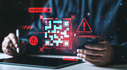 Fake QR code virus threat concept with warning symbols on digital screen held by hands using phone and tablet in dark tech environment..