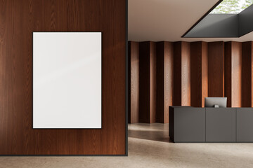 Blank poster mockup on wooden wall in modern office interior with reception desk and skylight window concept for corporate branding design showcase. 3D Rendering