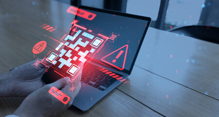 Person scanning fake QR code infected with virus on smartphone with warning signs, illustrating cybersecurity threat concept in digital environment.