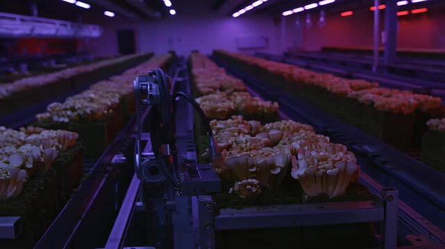 Futuristic Indoor Farming: Illuminated Rows of Freshly Harvested Mushrooms in a High-Tech Hydroponic Environment, Showcasing Innovation and Sustainable Agriculture.