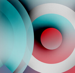 Abstract circles overlap, creating layered visual effect. Colors blendred, teal, white, blackforming dynamic composition.