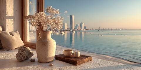 sunlit still life with city view by the window, modern still life overlooking urban skyline, bright serene interior with open window and water view