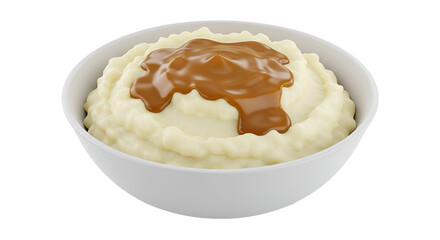 Creamy Mashed Potatoes Topped with Savory Brown Gravy in a White Bowl
