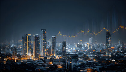 Naklejka premium Urban skyline view with economic data overlay, showcasing modern architecture and city lights