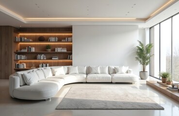 Fototapeta premium Spacious white living room with curved modular sofa, built-in wood bookshelves, large windows. Natural light illuminates minimalist interior with potted plants, soft rug, creating serene atmosphere
