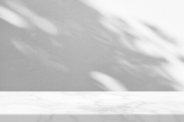 Marble Table with White Stucco Wall Texture Background with Light Beam and Shadow
