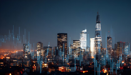 Obraz premium Urban skyline view with economic data overlay, showcasing modern architecture and city lights