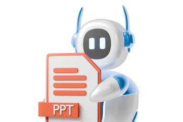 Obraz premium 3d robot holding ppt file icon. presentation slides concept. Minimal cartoon powerpoint ppt slide deck mascot for app banner and website header. isolated on white background. 3d render.