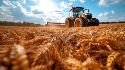 Tractor harvesting wheat in a golden field under a bright sky with fluffy clouds during sunset