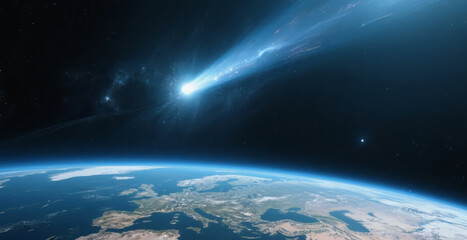 Fototapeta premium Comet hitting Earth universe disaster sci-fi movie poster background