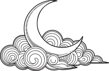 Crescent Moon Resting on Soft Fluffy Clouds in Hand-Drawn Vintage Line Art Style
