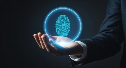Biometric ID digital technology futuristic concept of secure private authorization on dark blue background 110 chars