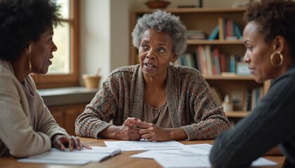 Three Black women talk over documents at a table. They look serious and engaged in discussion. Professional women collaborate on business matters, sharing ideas.