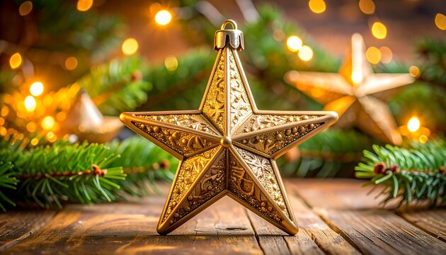 Gold star ornament on rustic wood, Christmas lights, and pine branches