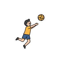 Fototapeta premium Energetic young boy enthusiastically playing volleyball, jumping to hit the ball with a smile.