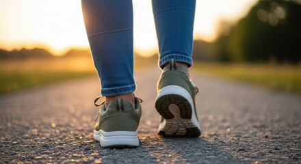 Walk into wellness Healthy lifestyle choices represented by a woman walking into a sunset in her running shoes outdoors
