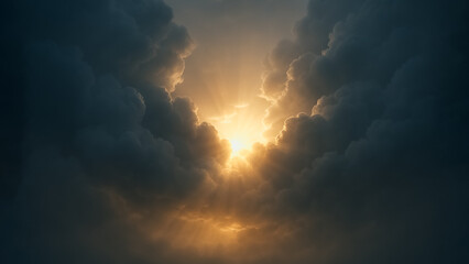 Obraz premium Celestial spectacle with sun beams bursts through dark, ominous clouds, casting a radiant glow, creating a stunning display of nature's raw power.