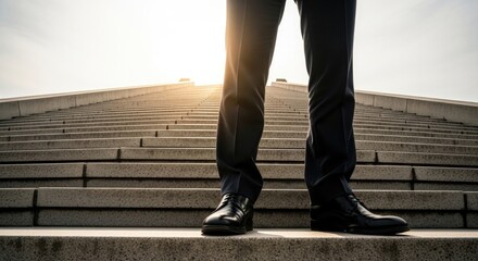 Ambitious climb to success businessman going up stairs with copy space looking forward at achieving a corporate goal
