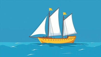 Yellow sailing ship with white sails glides on calm blue ocean water. Nautical vessel has tall masts, yellow flags flying high. Clean illustration style depicts maritime travel, adventure on sea.
