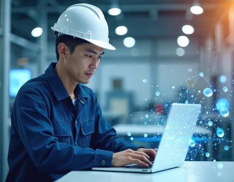 Young Asian engineer wears hard hat, works on laptop computer. Operates tech in modern factory. Digital network overlay shows smart industry data. Man focuses on software analysis, innovation, safety.