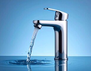Running Water Flowing from a Modern Chrome Faucet Against a Bright Blue Background

