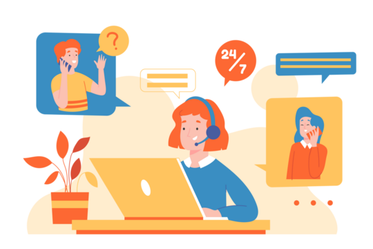 Flat Illustration of Customer Support Woman with Headset Assisting Clients Online Against Transparent Background in Blue Orange and White Color Palette