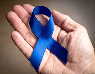 Close-Up of a Hand Holding a Dark Blue Awareness Ribbon

