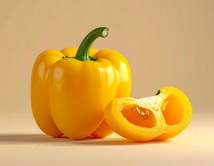 Vibrant Yellow Bell Pepper and a Sliced Half on a Monochrome Background

